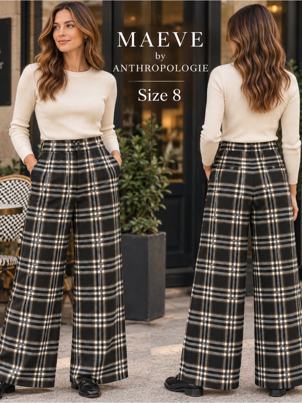 Maeve Anthropologie Womens 8 black Plaid High Rise Wide Leg pants Dark Academia